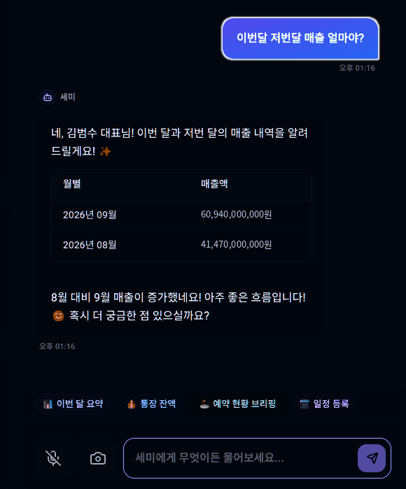 세미에게 이번 달과 지난달 매출을 묻고 답을 받는 실제 화면
