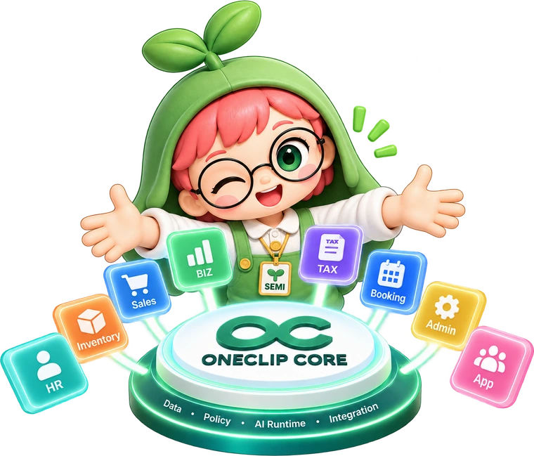 ONECLIP CORE 위에 올라간 업무 모듈들을 펼쳐 보이는 AI 매니저 세미